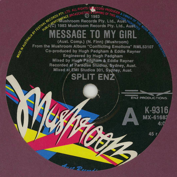 Split Enz : Message To My Girl (7", Single, Gen)