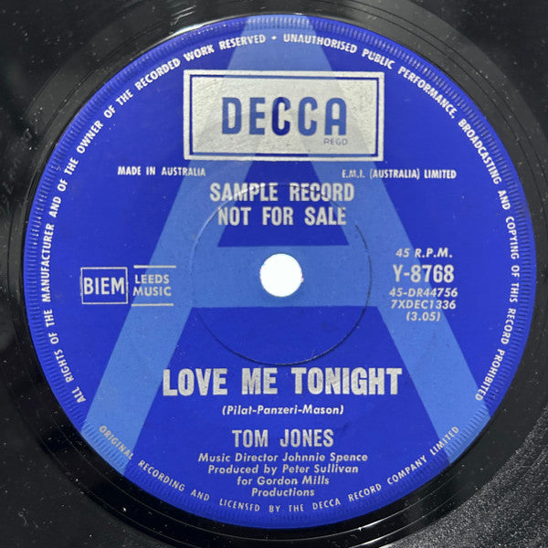 Tom Jones : Love Me Tonight (7", Single, Promo)