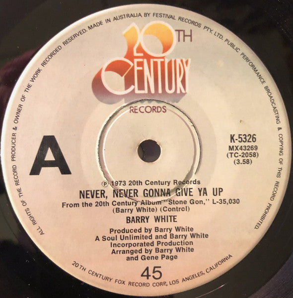 Barry White : Never, Never Gonna Give Ya Up (7", Single)