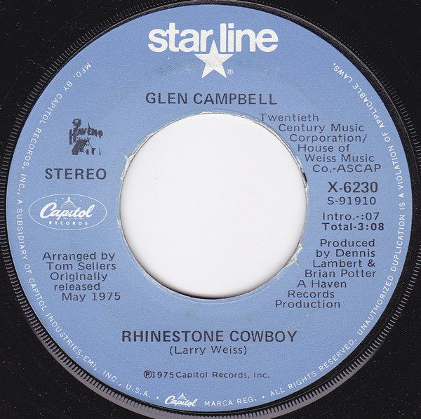 Glen Campbell : Rhinestone Cowboy / Country Boy (You Got Your Feet In L.A.) (7", RE)