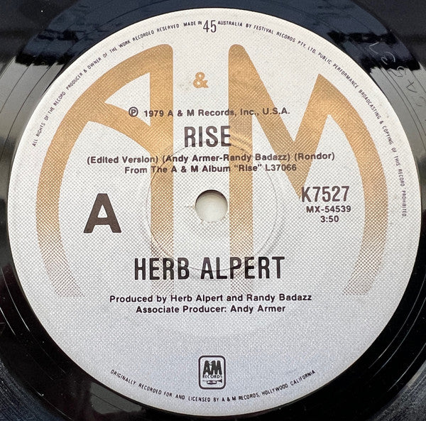 Herb Alpert : Rise / Angelina (7", Single)