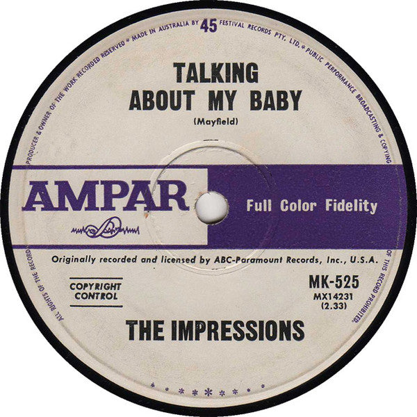The Impressions : Talking About My Baby / Never Too Much Love (7", Single)