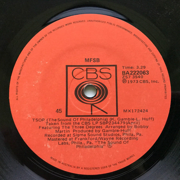MFSB Featuring The Three Degrees : TSOP (The Sound Of Philadelphia) (7", Single)