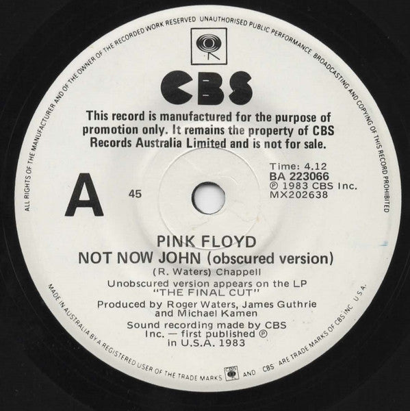 Pink Floyd : Not Now John (Obscured Version) (7", Single, Promo)