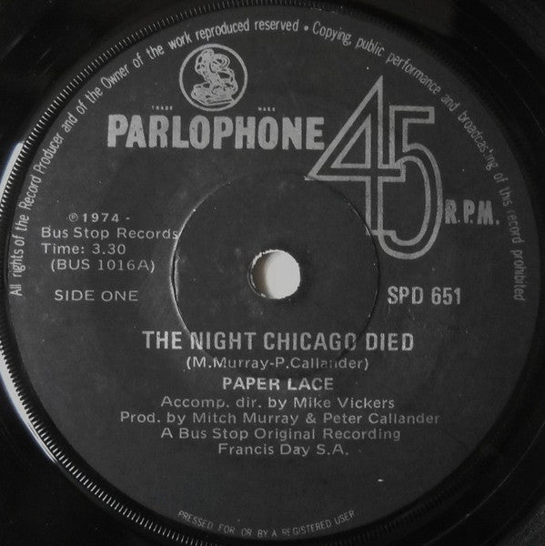 Paper Lace : The Night Chicago Died (7", Single)