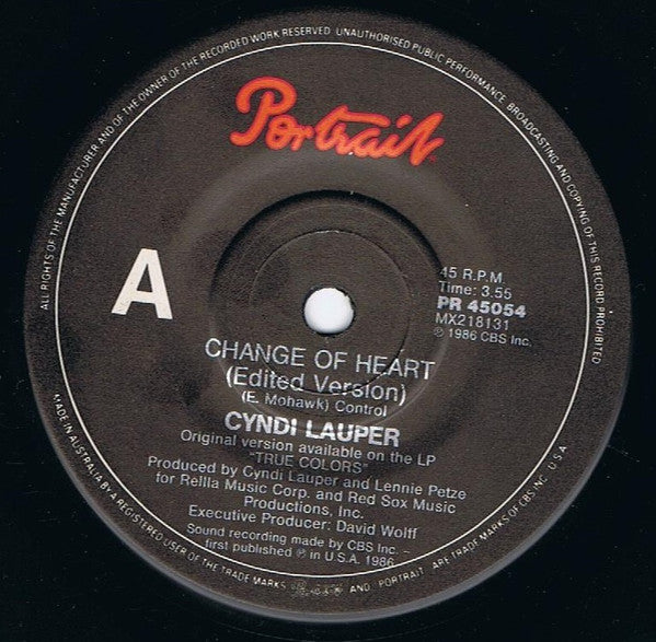 Cyndi Lauper : Change Of Heart (7", Single)