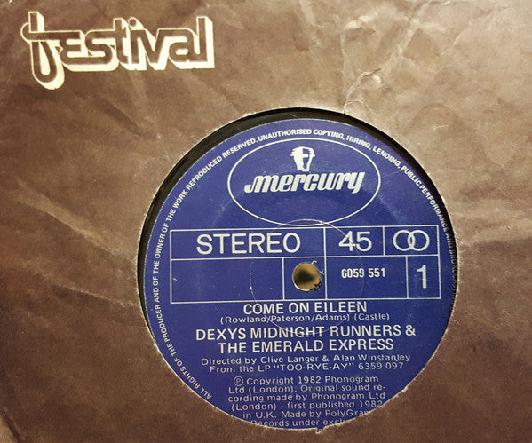 Dexys Midnight Runners & The Emerald Express : Come On Eileen (7", Single, Gen)
