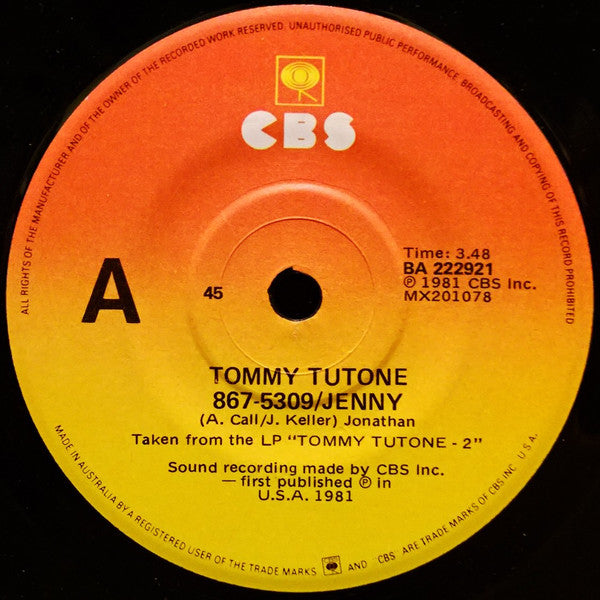 Tommy Tutone : 867-5309/Jenny (7", Single)