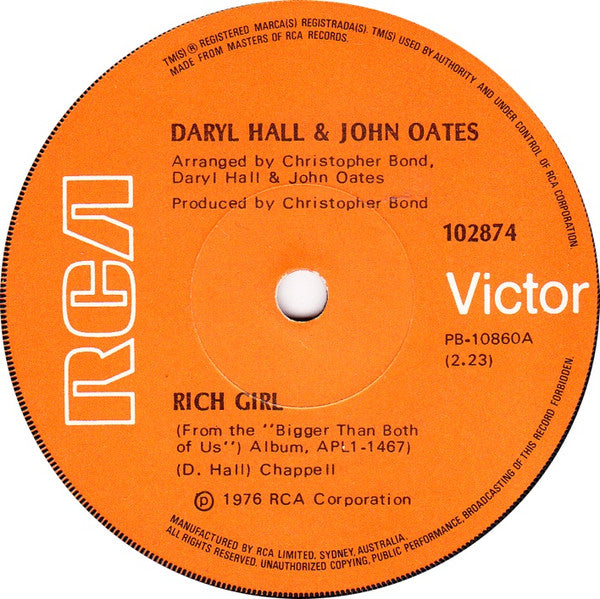 Daryl Hall & John Oates : Rich Girl (7", Single)