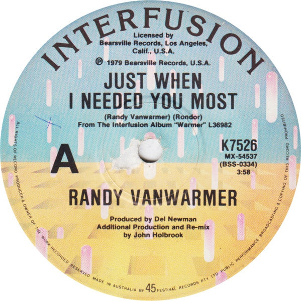 Randy Vanwarmer : Just When I Needed You Most (7", Single)