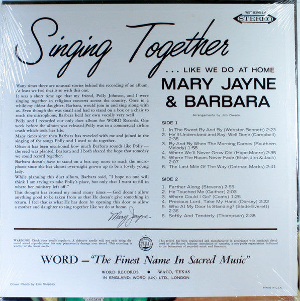 Mary Jayne Gaither & Barbara Simning : Singing Together... Like We Do At Home (LP)