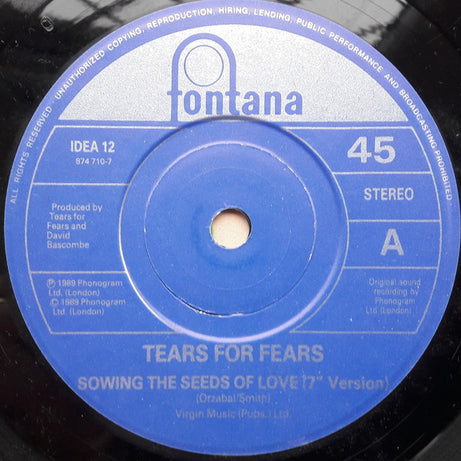 Tears For Fears : Sowing The Seeds Of Love (7", Single, Blu)