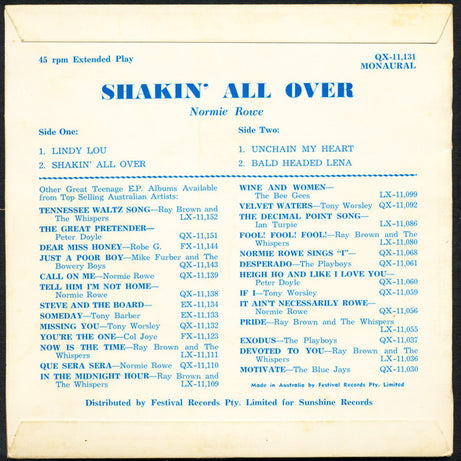 Normie Rowe : Shakin' All Over (7", EP, Mono)