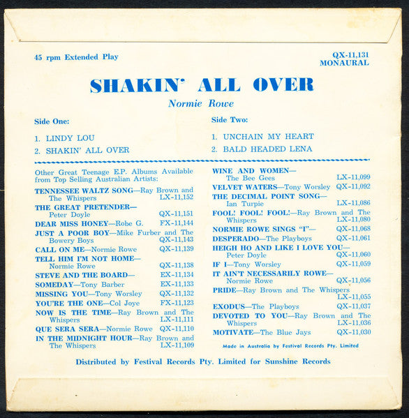 Normie Rowe : Shakin' All Over (7", EP, Mono)
