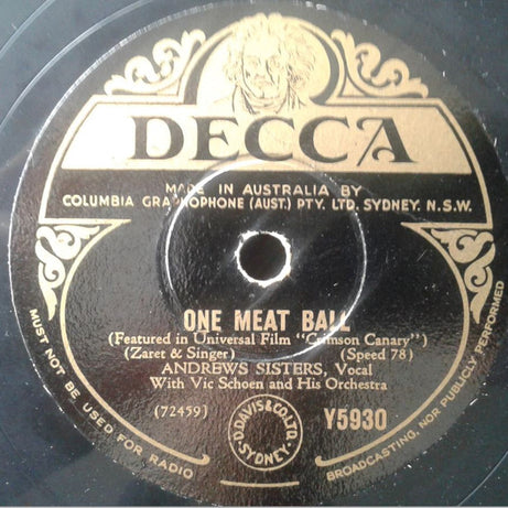 The Andrews Sisters With Vic Schoen And His Orchestra : One Meat Ball / Rum And Coca-Cola (Shellac, 10")