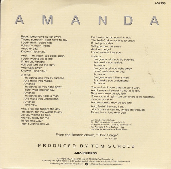 Boston : Amanda (7", Single)