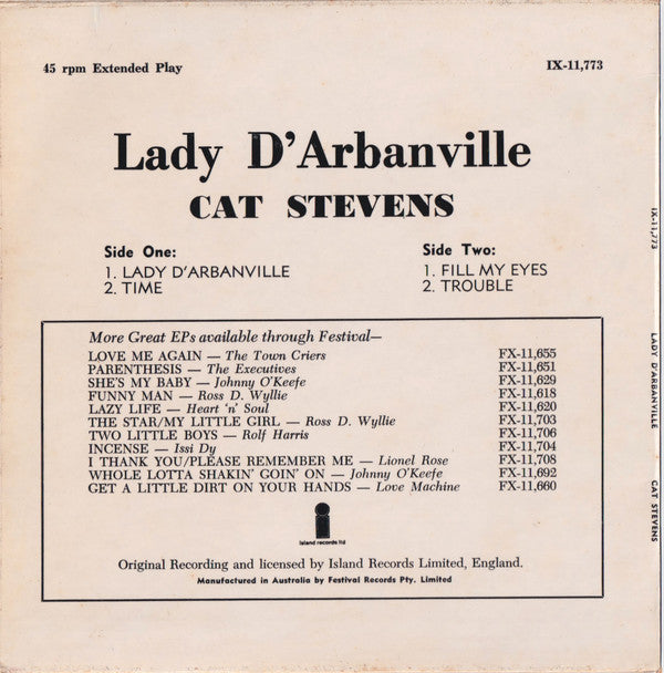 Cat Stevens : Lady D'Arbanville (7", EP, Mono)