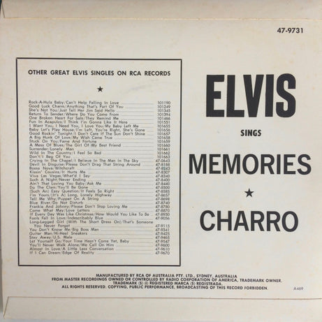Elvis Presley : Charro / Memories  (7", Single)