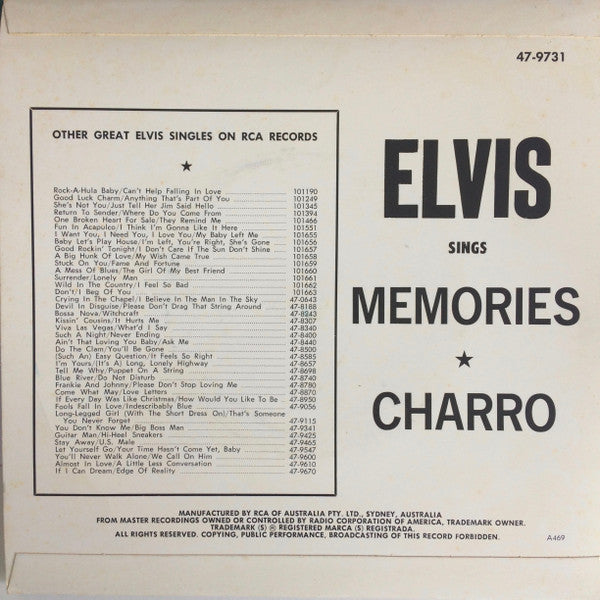 Elvis Presley : Charro / Memories  (7", Single)