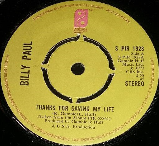 Billy Paul : Thanks For Saving My Life (7", Single, pus)