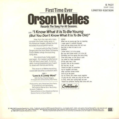 Orson Welles : I Know What It Is To Be Young (But You Don't Know What It Is To Be Old)    (7", Single, Ltd)