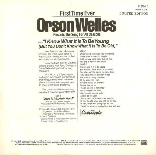 Orson Welles : I Know What It Is To Be Young (But You Don't Know What It Is To Be Old)    (7", Single, Ltd)