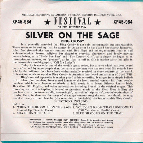 Bing Crosby : Silver on the Sage (7", EP)