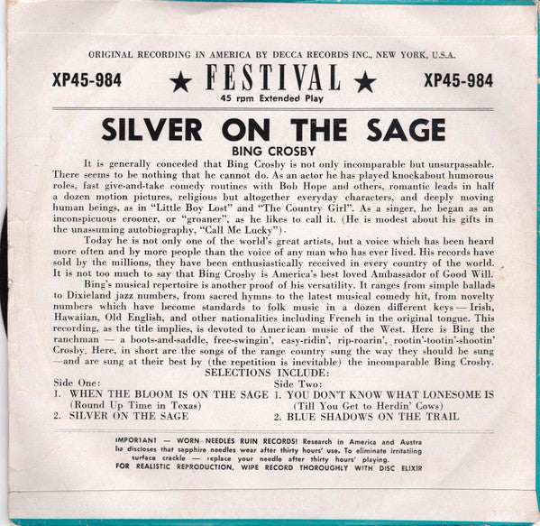 Bing Crosby : Silver on the Sage (7", EP)