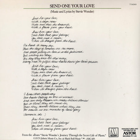 Stevie Wonder : Send One Your Love (7", Single, Ltd, pic)