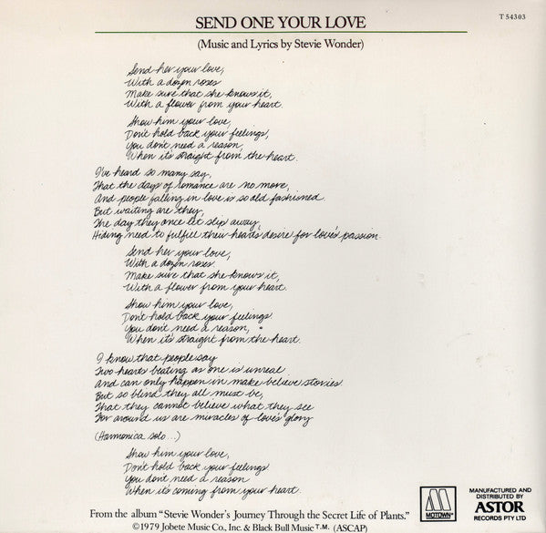 Stevie Wonder : Send One Your Love (7", Single, Ltd, pic)