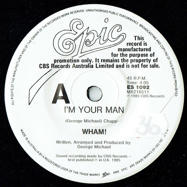Wham! : I'm Your Man (7", Single, Promo)