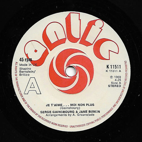 Serge Gainsbourg & Jane Birkin : Je T'aime. .Moi Non Plus (7", Single, RE, WEA)