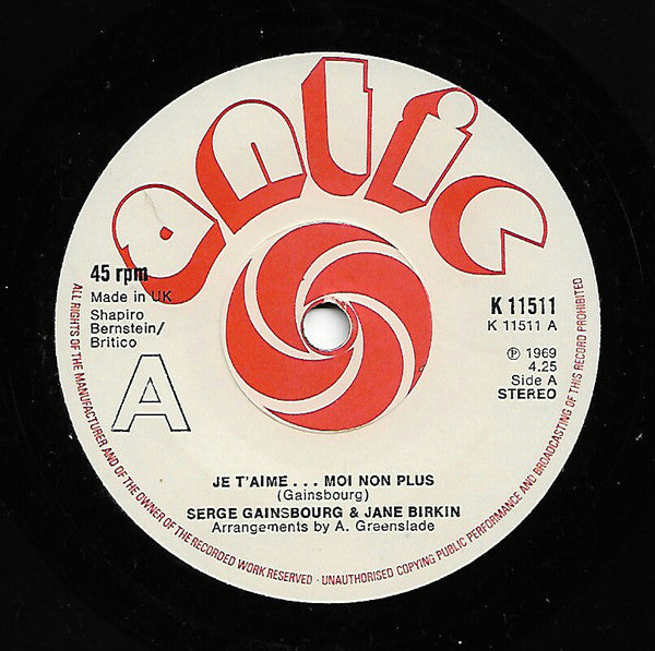 Serge Gainsbourg & Jane Birkin : Je T'aime. .Moi Non Plus (7", Single, RE, WEA)