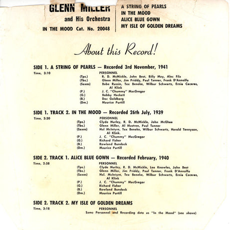 Glenn Miller And His Orchestra : A String Of Pearls (7", EP, Mono)