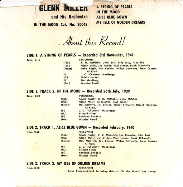 Glenn Miller And His Orchestra : A String Of Pearls (7", EP, Mono)