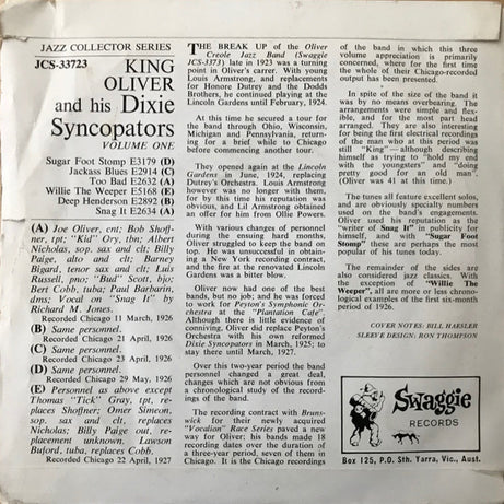 King Oliver & His Dixie Syncopators : King Oliver And His Dixie Syncopators, Volume One (7", EP)