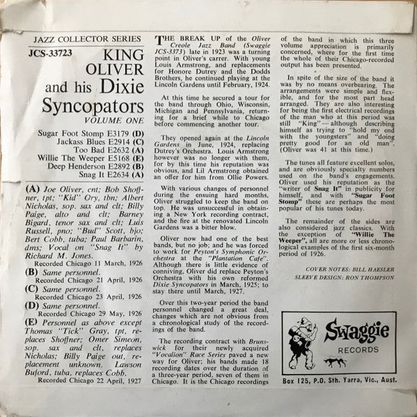 King Oliver & His Dixie Syncopators : King Oliver And His Dixie Syncopators, Volume One (7", EP)
