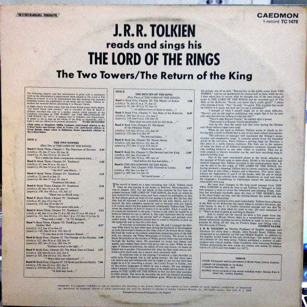 J.R.R. Tolkien : Reads And Sings His The Lord Of The Rings: The Two Towers / The Return Of The King (LP, Album, Gre)