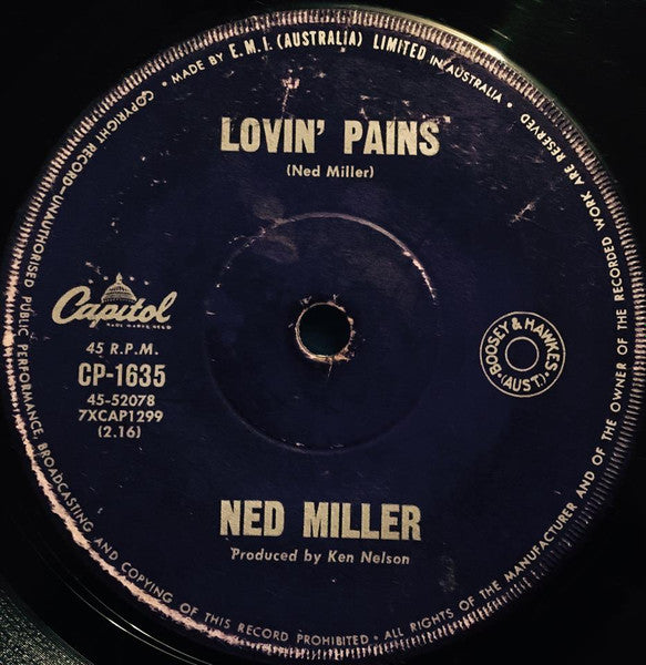 Ned Miller : Lovin' Pains / If The World Turns Into Ashes (7", Single)