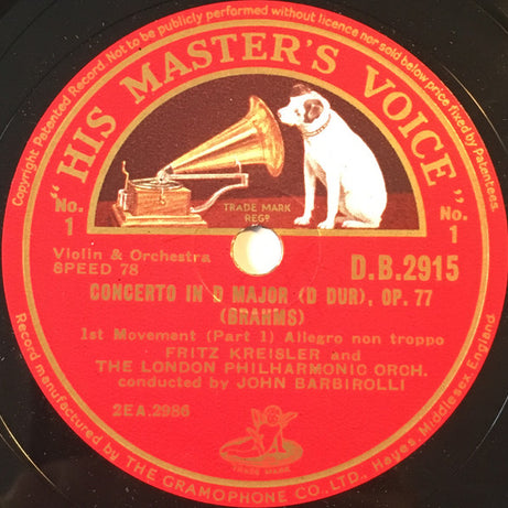 Johannes Brahms / Fritz Kreisler And The London Philharmonic Orchestra (Conducted By) Sir John Barbirolli : Op. 77 Concerto In D Major For Violin And Orchestra (4xShellac, 12", Album + Shellac, 12", S/Sided)
