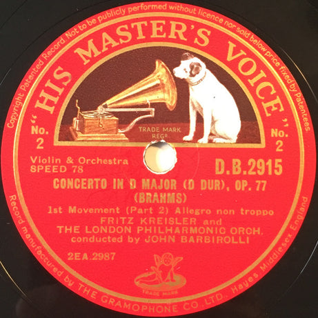 Johannes Brahms / Fritz Kreisler And The London Philharmonic Orchestra (Conducted By) Sir John Barbirolli : Op. 77 Concerto In D Major For Violin And Orchestra (4xShellac, 12", Album + Shellac, 12", S/Sided)