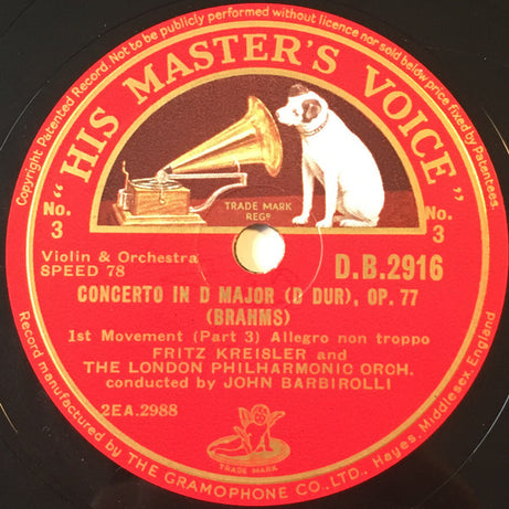 Johannes Brahms / Fritz Kreisler And The London Philharmonic Orchestra (Conducted By) Sir John Barbirolli : Op. 77 Concerto In D Major For Violin And Orchestra (4xShellac, 12", Album + Shellac, 12", S/Sided)