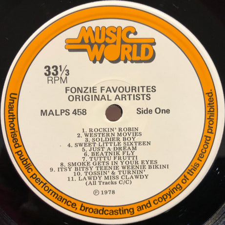 Various : Fonzie Favourites - 22 Original Rock 'n' Roll Greats (LP, Comp, Mono, P/Unofficial)