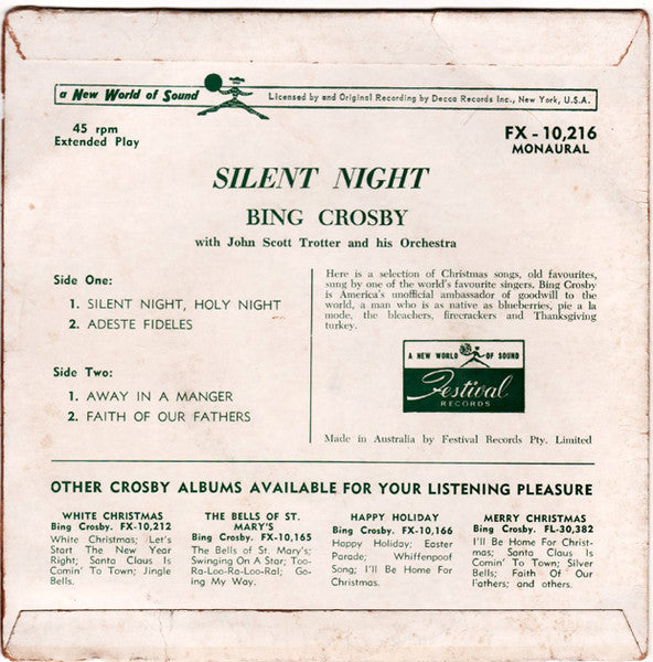 Bing Crosby : Silent Night (7", EP, Mono)