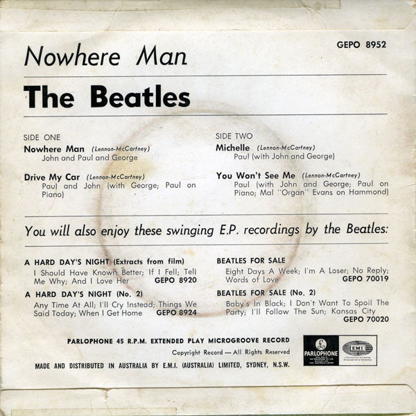 The Beatles : Nowhere Man (7", EP, Mono)
