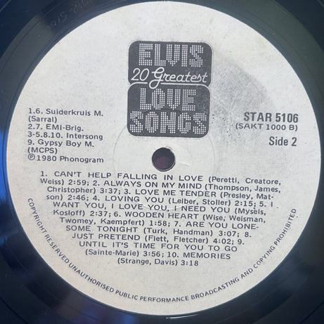 Elvis Presley : Elvis Love Songs (20 Original Songs) (LP, Comp)