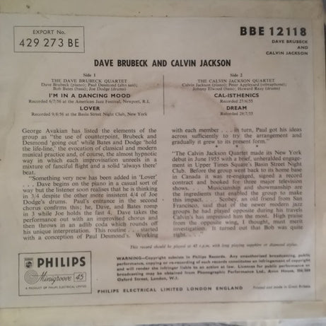 Calvin Jackson, Dave Brubeck : Calvin Jackson | Dave Brubeck (7", EP)
