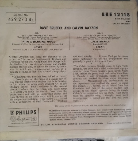 Calvin Jackson, Dave Brubeck : Calvin Jackson | Dave Brubeck (7", EP)