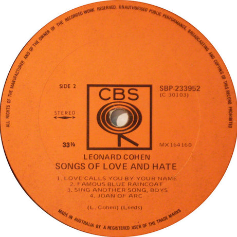 Leonard Cohen : Songs Of Love And Hate (LP, Album)