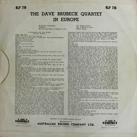 The Dave Brubeck Quartet : The Dave Brubeck Quartet In Europe (LP, Album, Mono)
